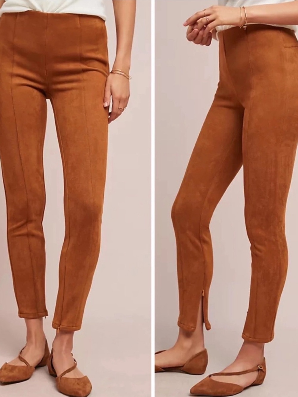 Anthropologie Rust Faux Suede Ponte Pants/Leggings with Ankle Zippers, Size 28.